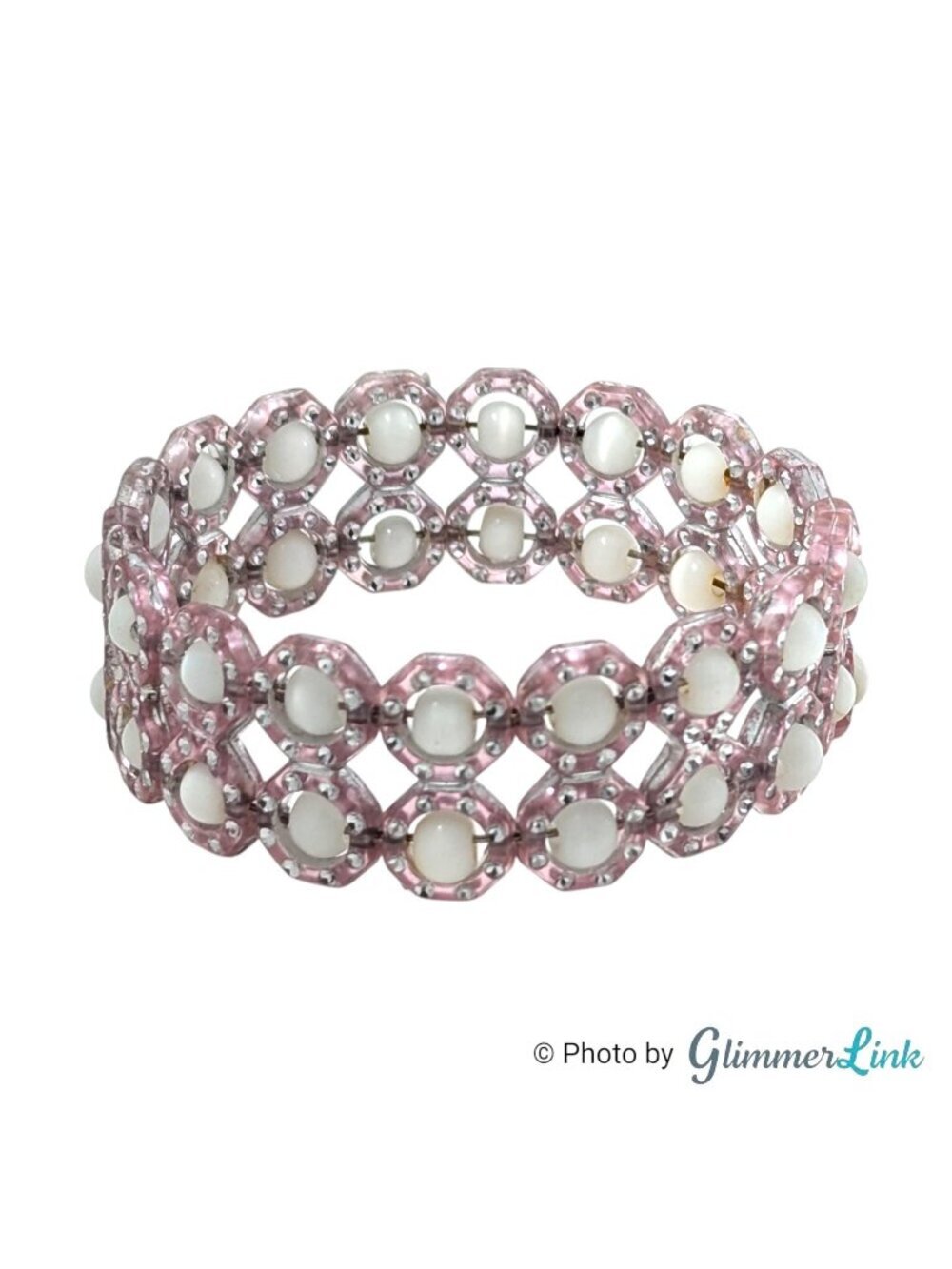 Vintage Pink Plastic Panel Bracelet White Cat Eye Beads Silver Accent